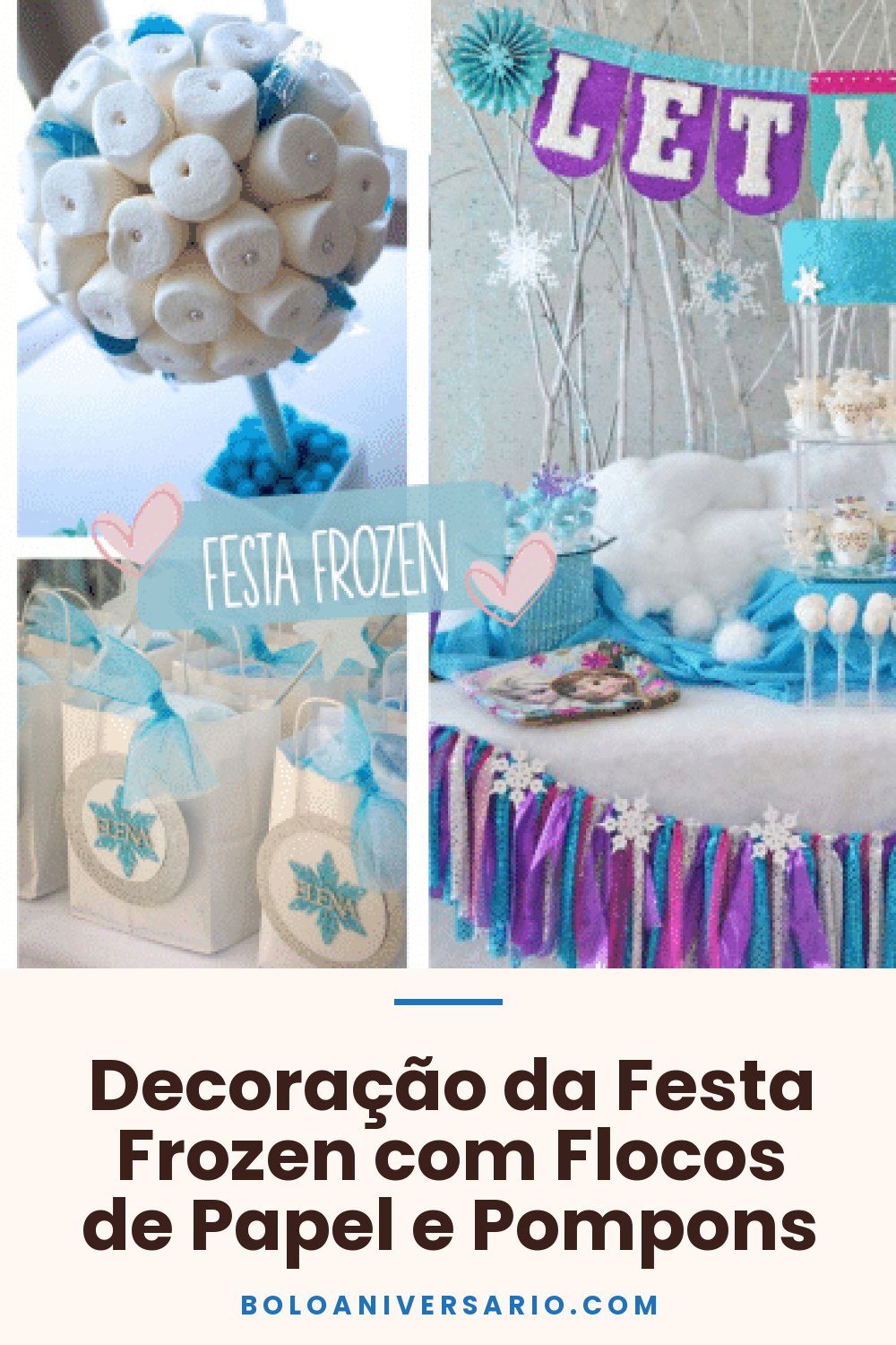 Decoração da Festa Frozen com Flocos de Papel e Pompons