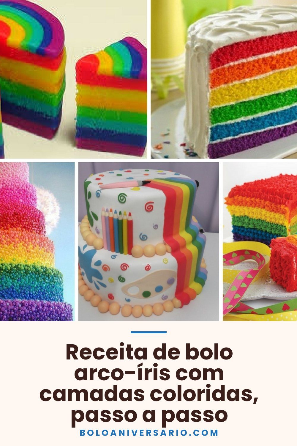 Receita de bolo arco-íris com camadas coloridas, passo a passo