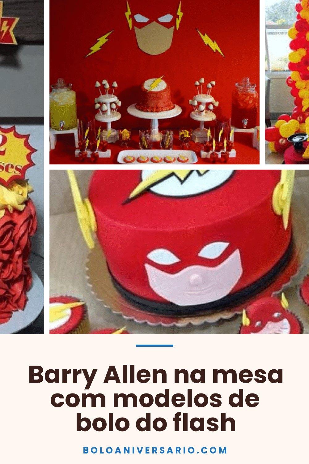 Barry Allen na mesa com modelos de bolo do flash