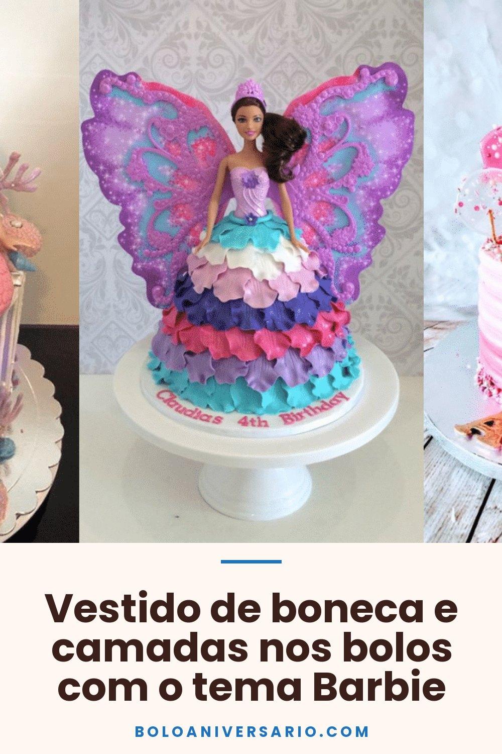 Vestido de boneca e camadas nos bolos com o tema Barbie