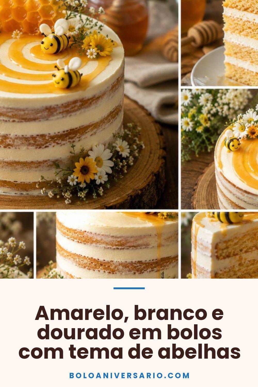 Amarelo, branco e dourado em bolos com tema de abelhas
