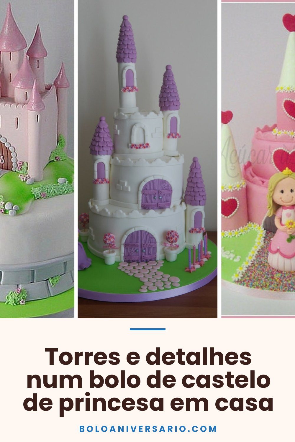 Torres e detalhes num bolo de castelo de princesa em casa