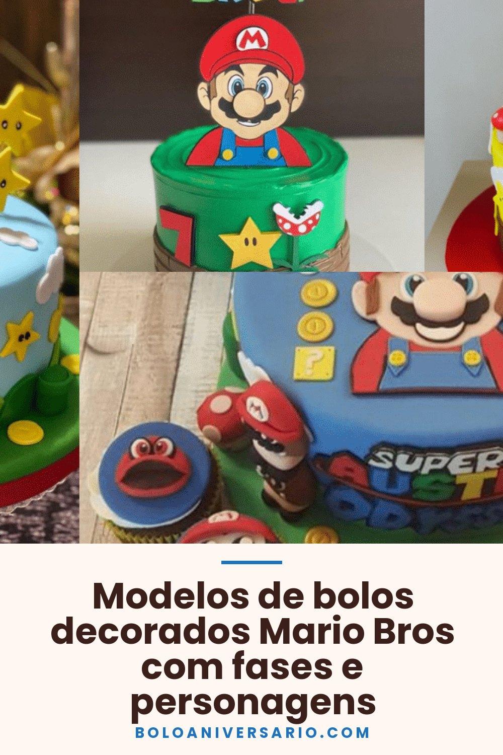 Modelos de bolos decorados Mario Bros com fases e personagens