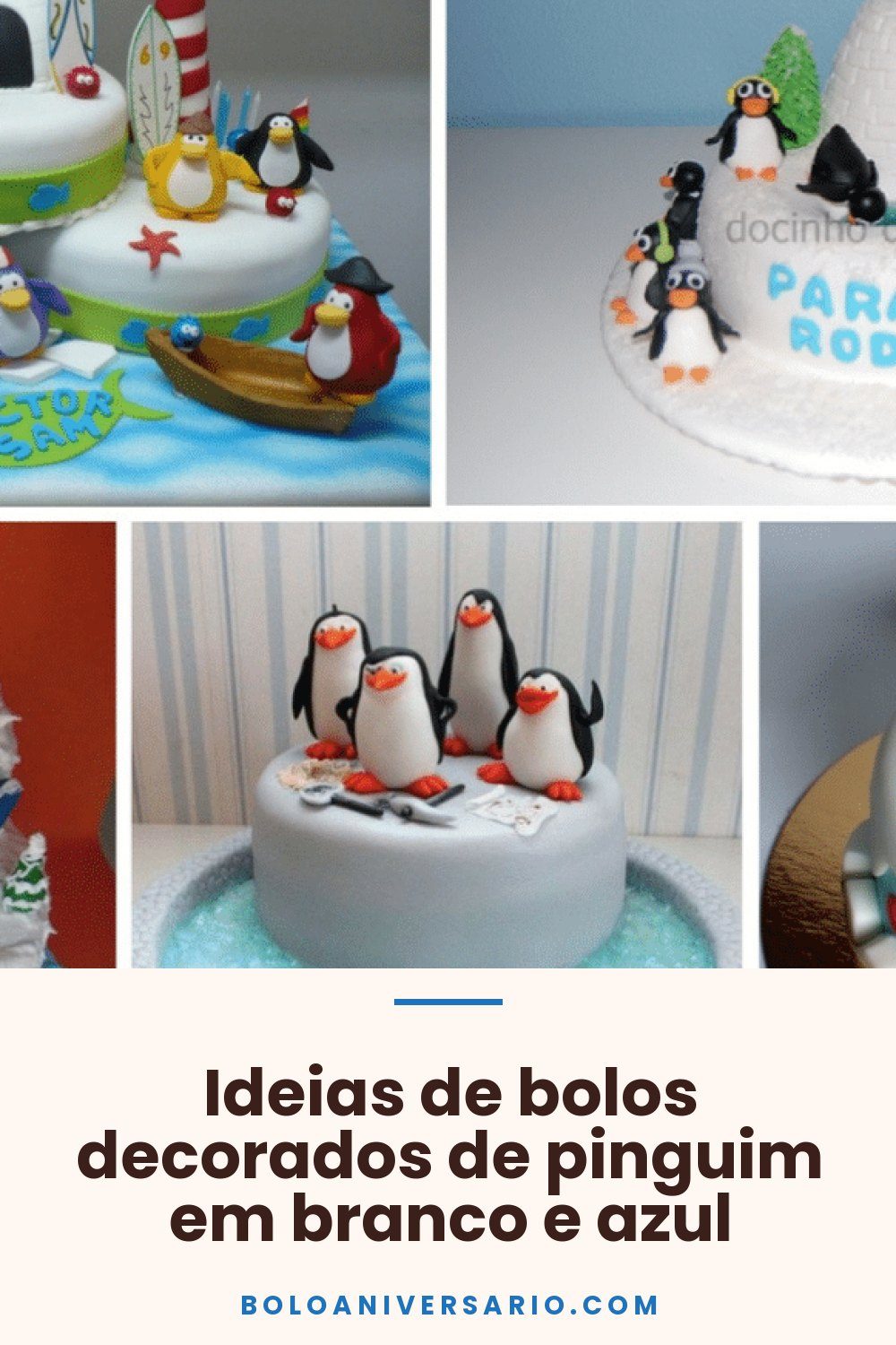 Ideias de bolos decorados de pinguim em branco e azul