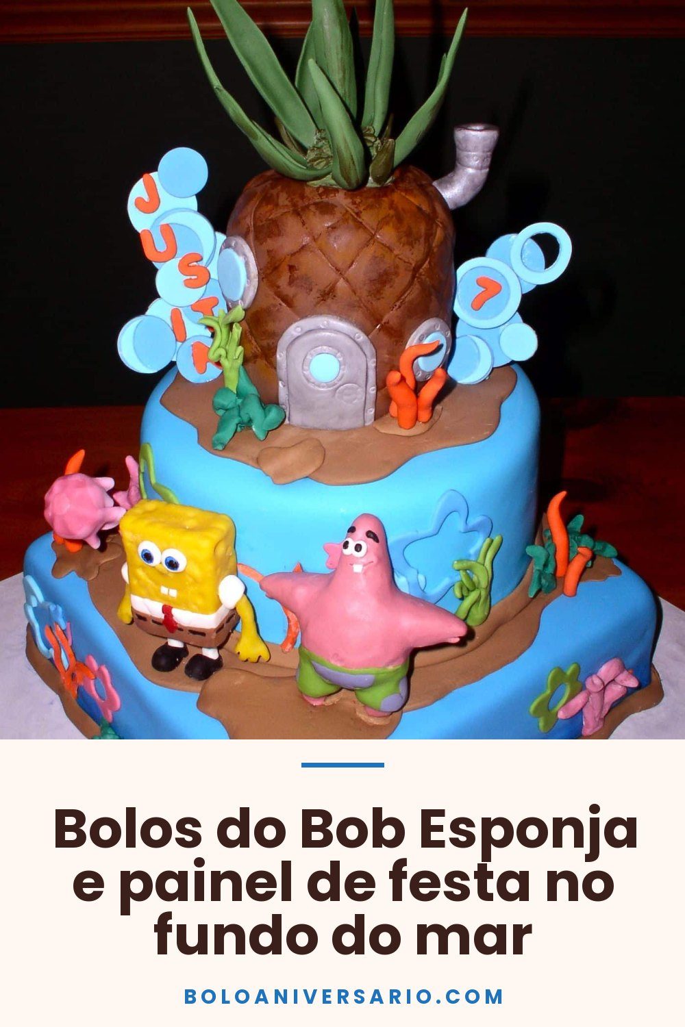 Bolos do Bob Esponja e painel de festa no fundo do mar