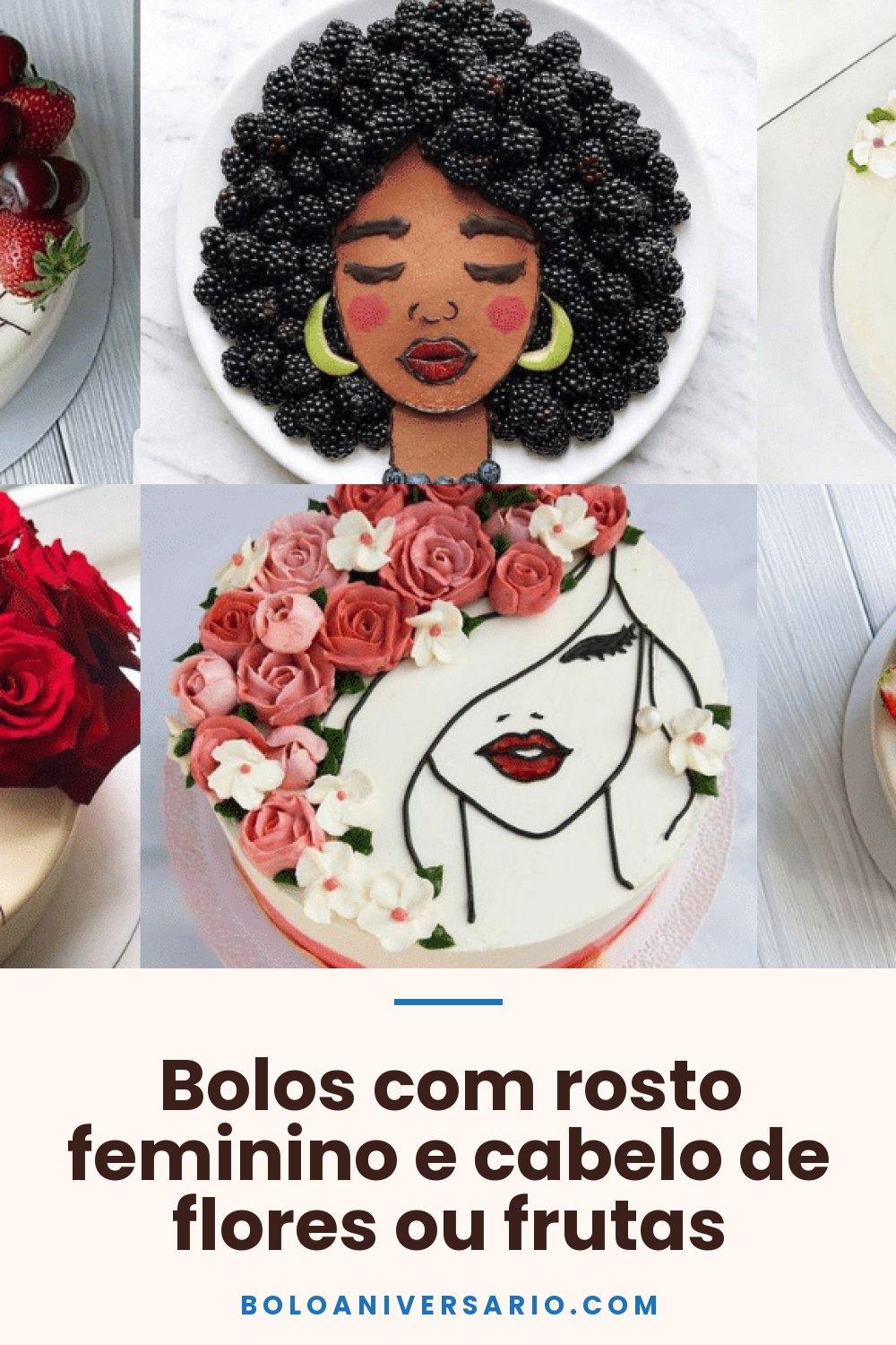 Bolos com rosto feminino e cabelo de flores ou frutas