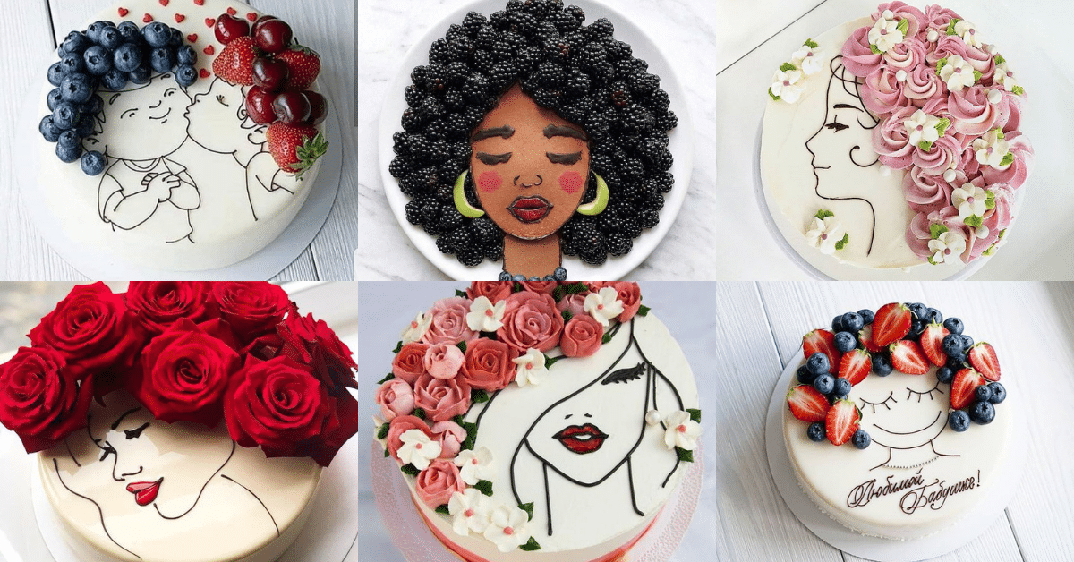 bolos femininos com flores e frutas nos cabelos
