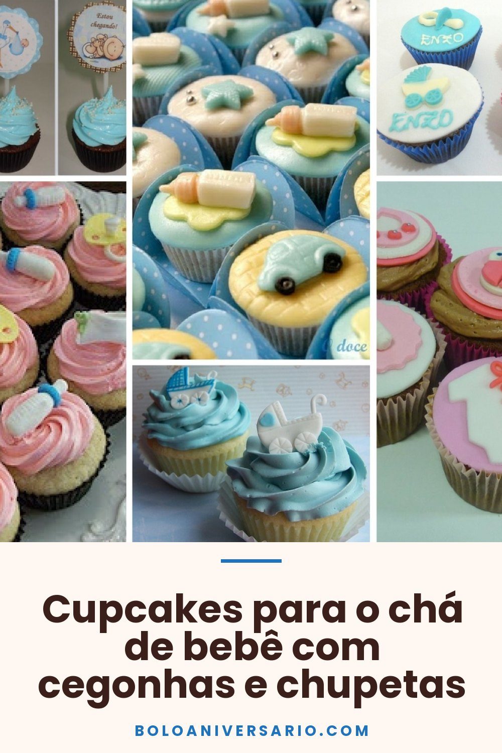 Cupcakes para o chá de bebê com cegonhas e chupetas