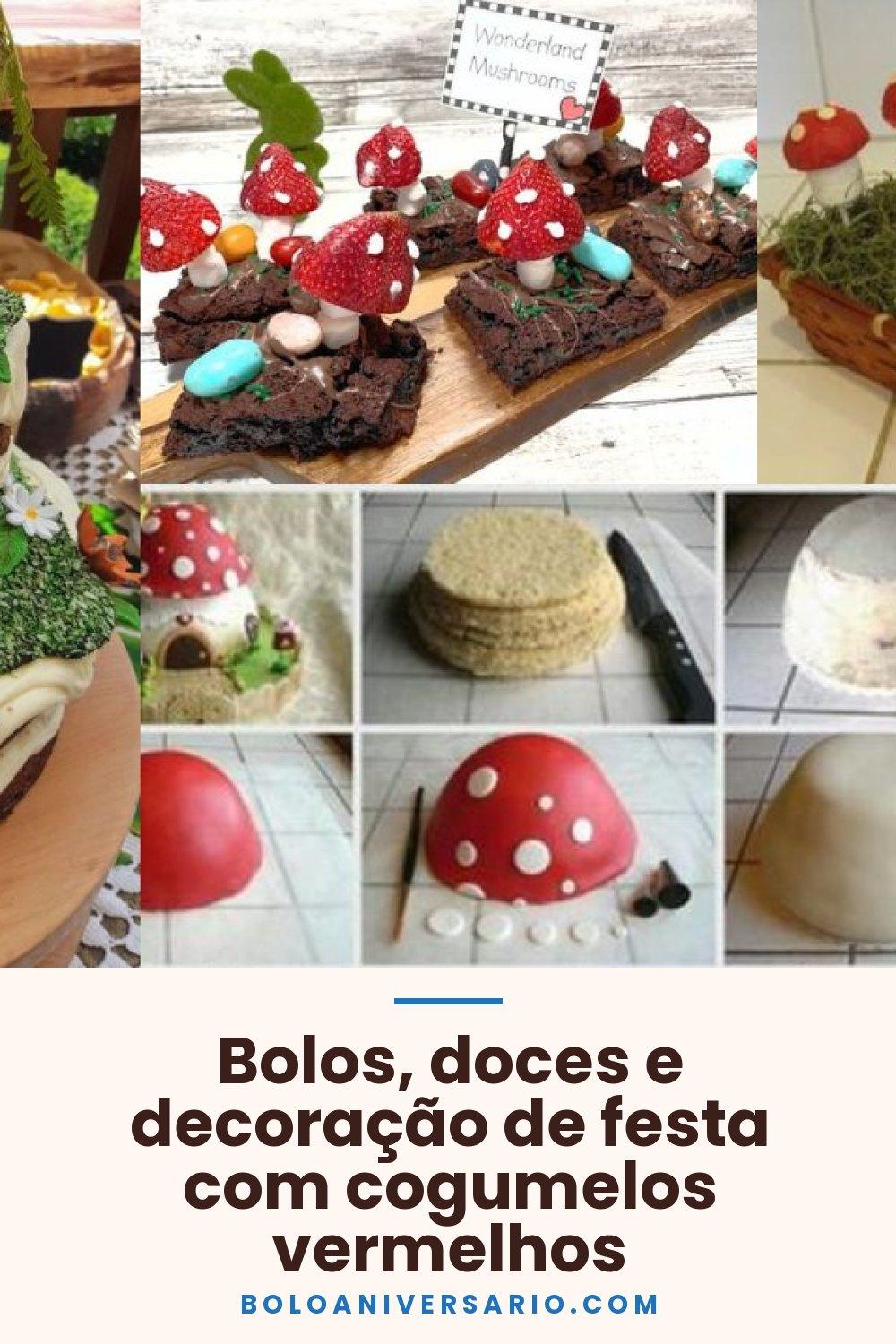 Bolos, doces e decoração de festa com cogumelos vermelhos
