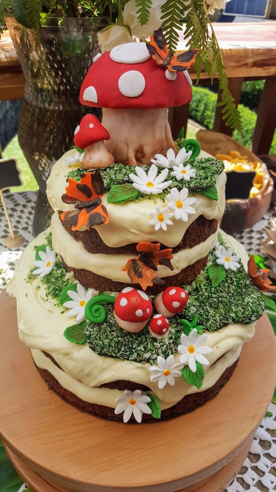 decoracao de festa com cogumelos bolos