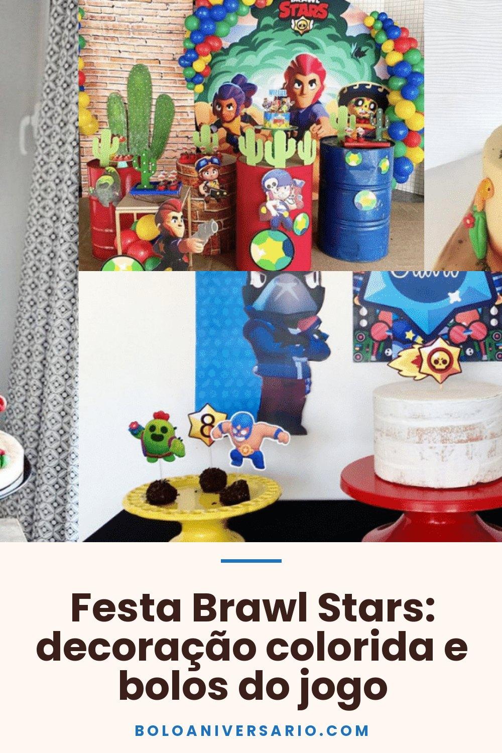Festa Brawl Stars: decoração colorida e bolos do jogo