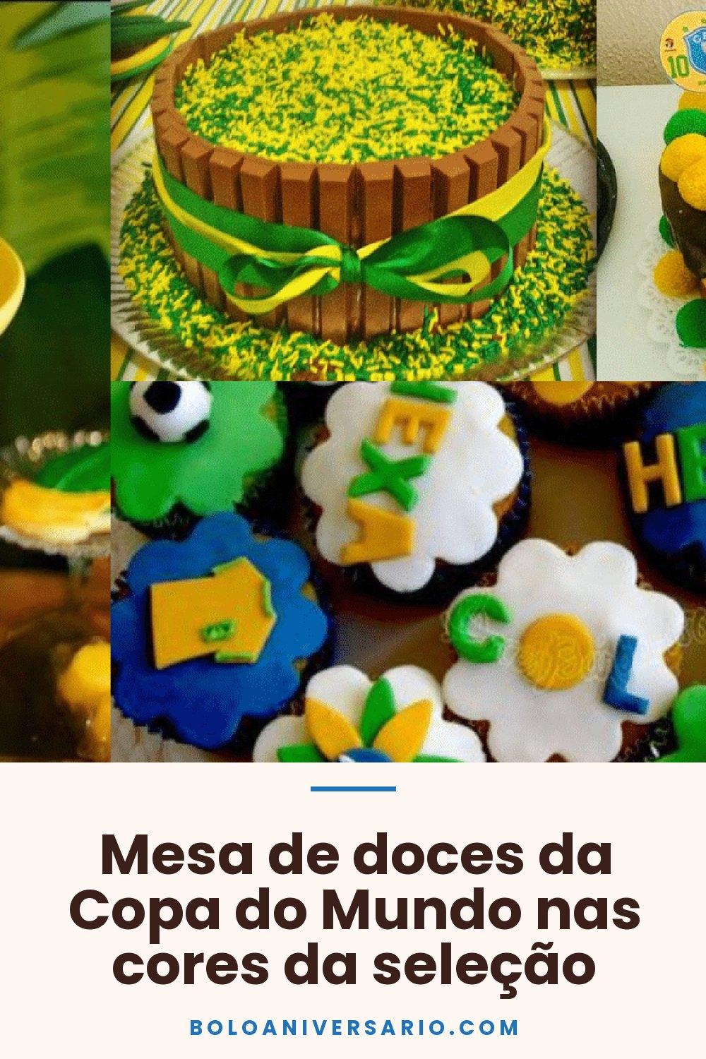 Mesa de doces da Copa do Mundo nas cores da seleção