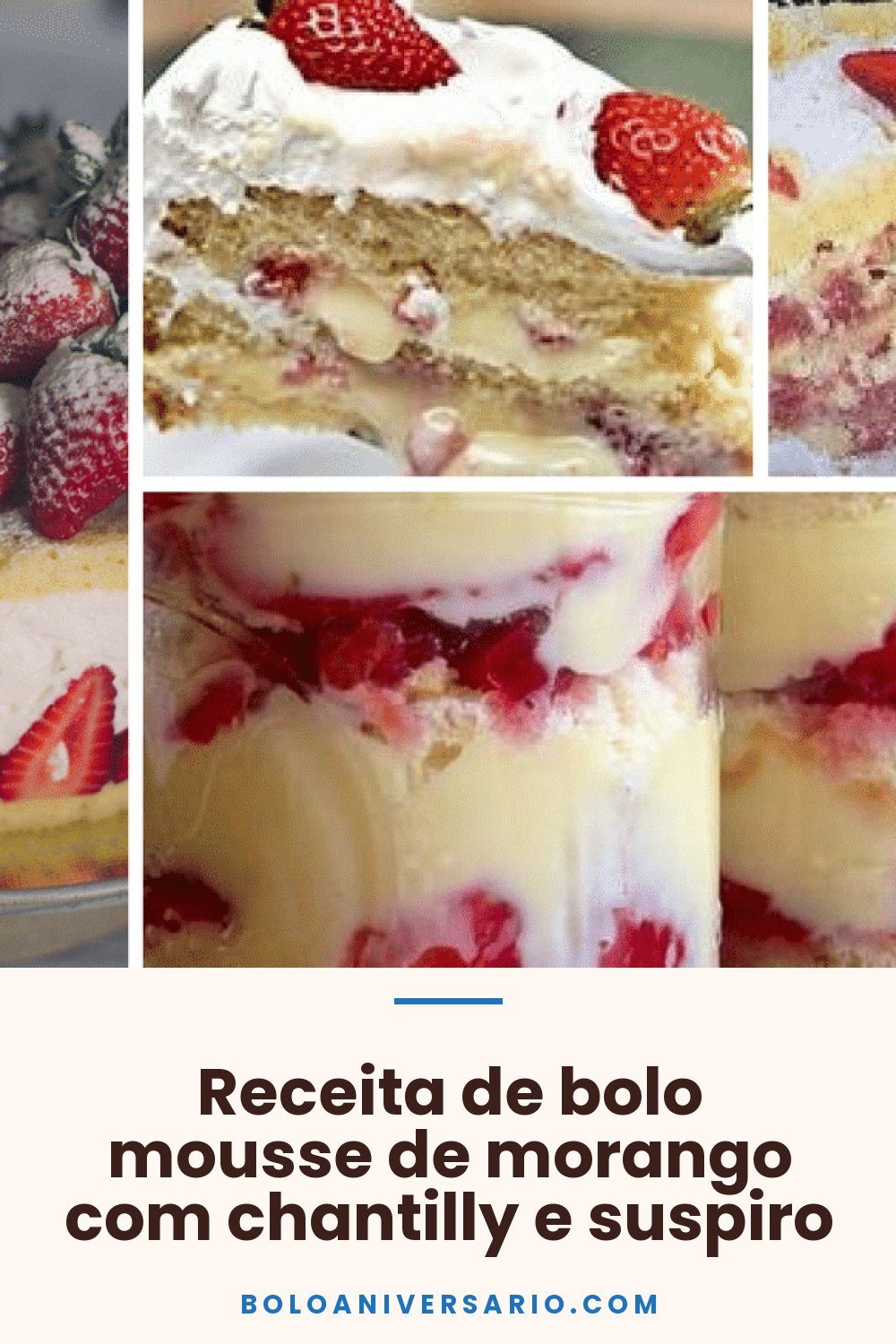 Receita de bolo mousse de morango com chantilly e suspiro